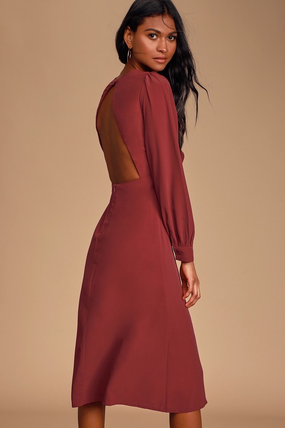 Burgundy Midi Dress - Long Sleeve Dress ...